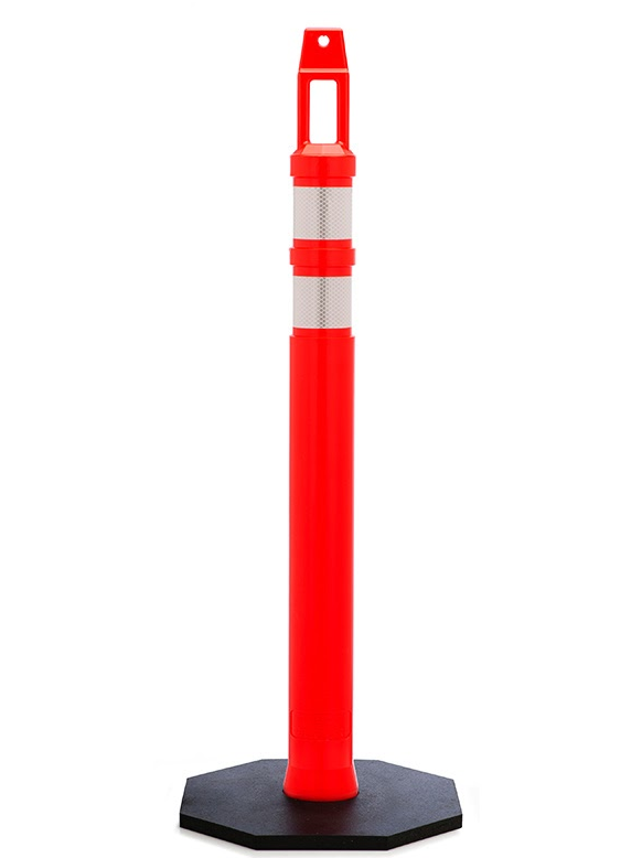A red and white pole with a white stripe on top.