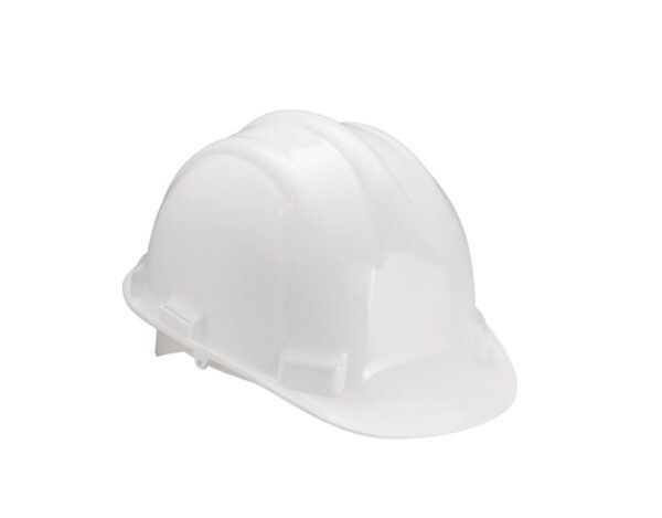 A white hard hat is shown on the ground.