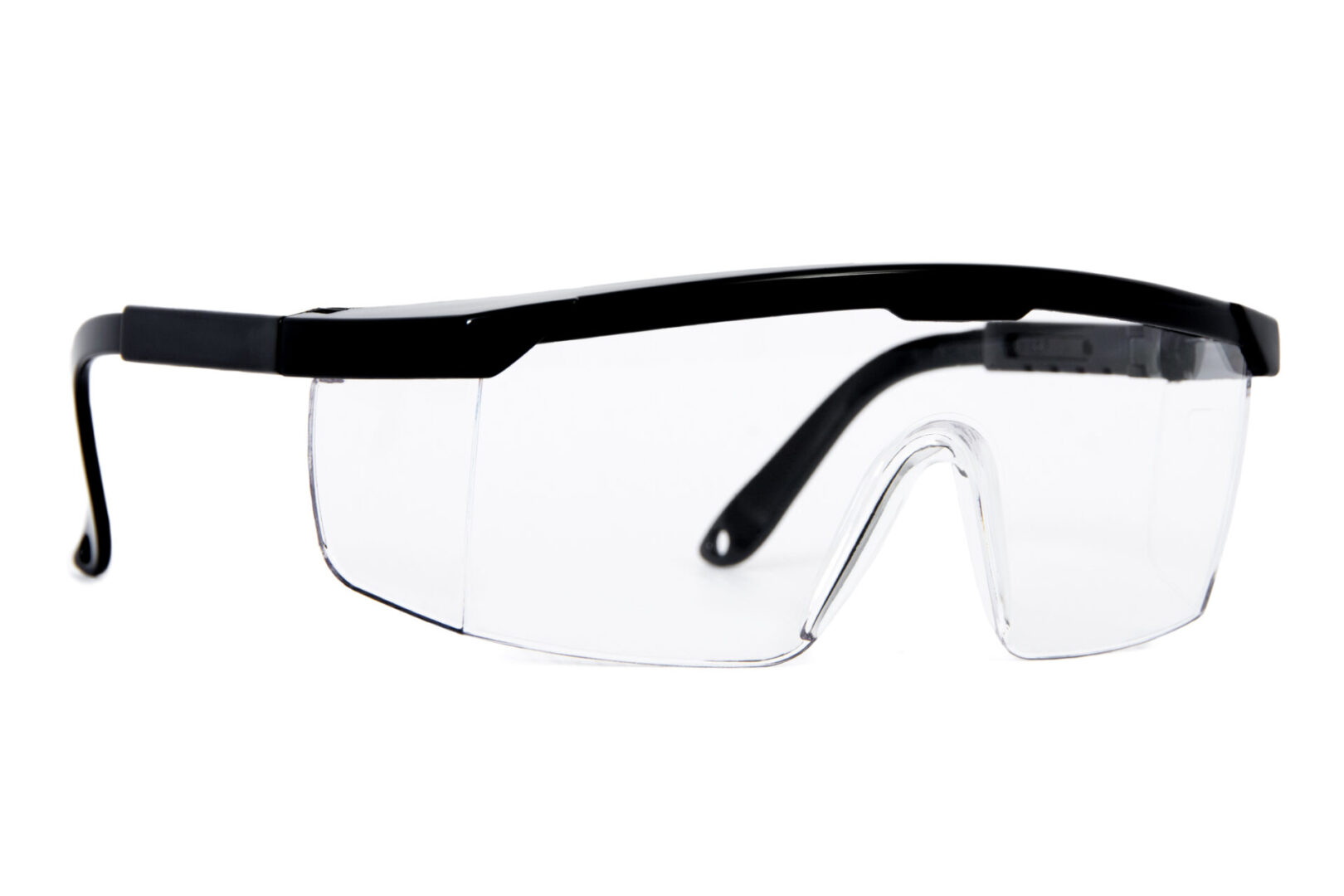 A pair of safety glasses with clear lenses.