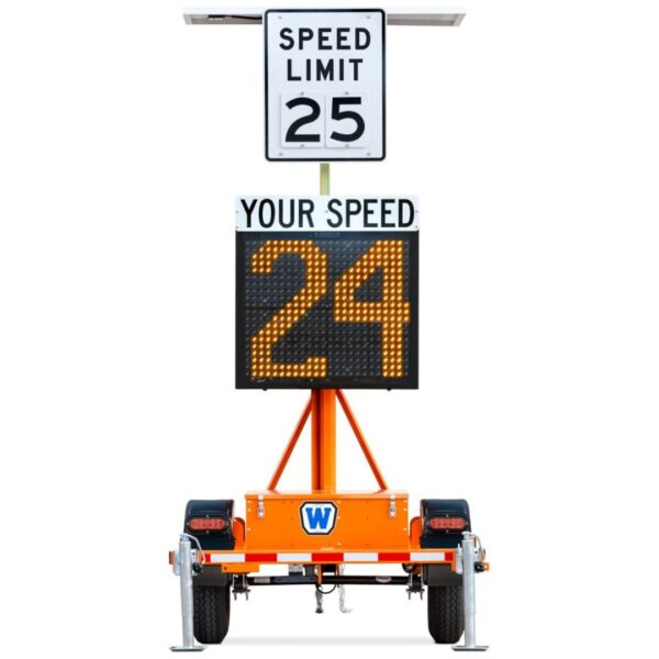 A sign that says speed limit 2 5 and your speed 2 4.