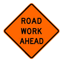 A road work ahead sign is shown.