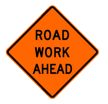 A road work ahead sign is shown.