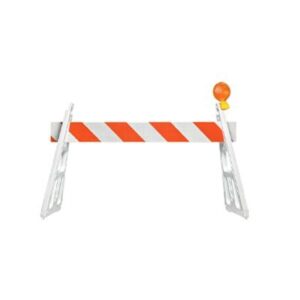 A construction barricade with an orange and white stripe.