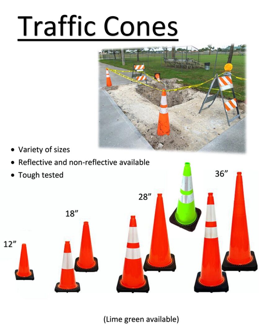 A picture of different sizes and types of traffic cones.