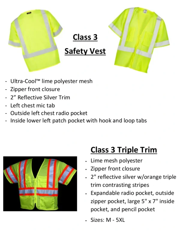 A picture of different types of safety vests.