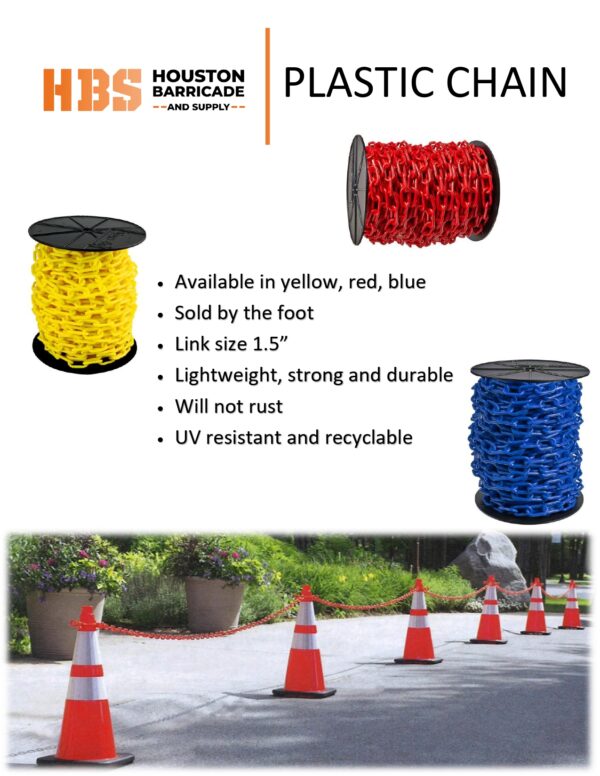 A plastic chain is available in yellow, red and blue.