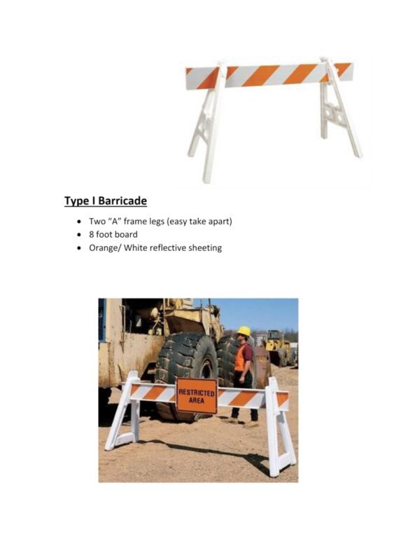 A construction site with a barricade and a sign.